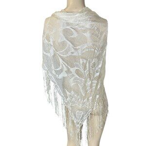 3/$25 VTG 60s Triangle Shawl Throw‎ Cream Lace JAPAN 80x34 Scarf 9" Fringe Lotus